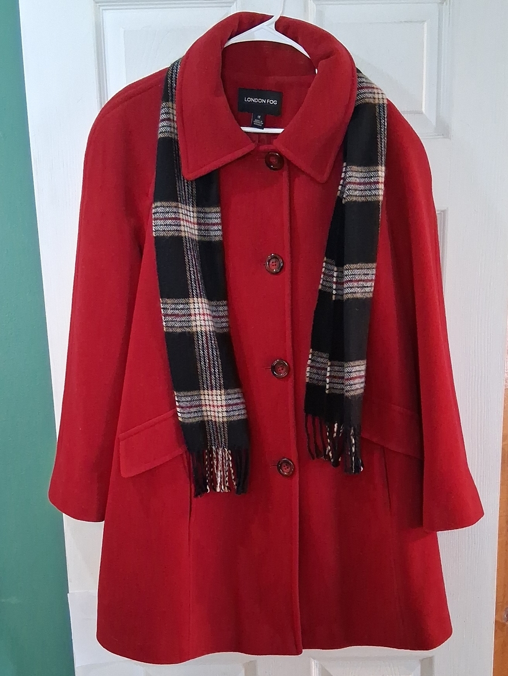 London Fog Red Button-Front Pea Coat with Plaid Scarf